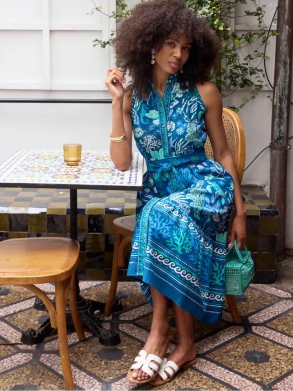 Printfresh Dress Coast To Coast Midi Ruffle Sleeveless in Oceania Blue Green